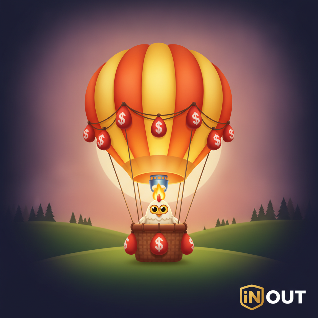 BalloniX gioco crash con mongolfiera dorata pilotata da pollo cartoon su paesaggio al tramonto