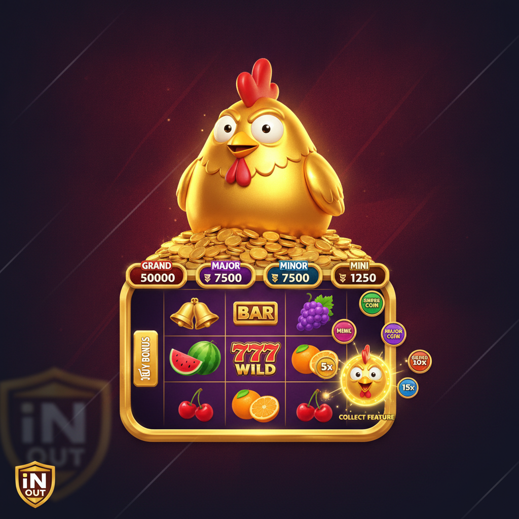 Chicken Coin Hold and Win slot con pollo dorato su monete, griglia 3x4 con simboli di frutta, 777 wild e Super Chicken Coin che raccoglie moltiplicatori e jackpot
