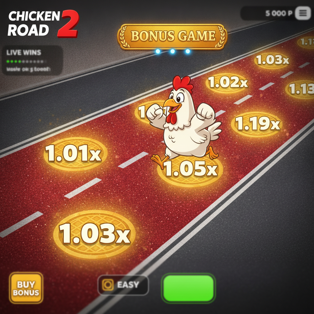 Chicken Road 2 Bonus slot con gallina cartoon bianca che attraversa corsie stradali con moltiplicatori dorati su tombini, ambientazione arcade con colori vivaci