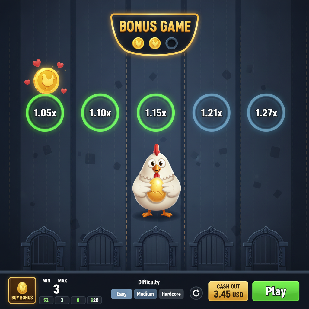 Chicken Road Bonus slot: un pollo cartoon attraversa corsie stradali con moltiplicatori verdi e dorati, monete bonus e segnali luminosi su sfondo scuro