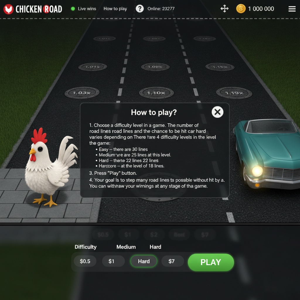 Chicken Road 2 gallina bianca attraversa 6 corsie stradali con moltiplicatori crescenti da 1.01x a 1.19x su sfondo stradale scuro