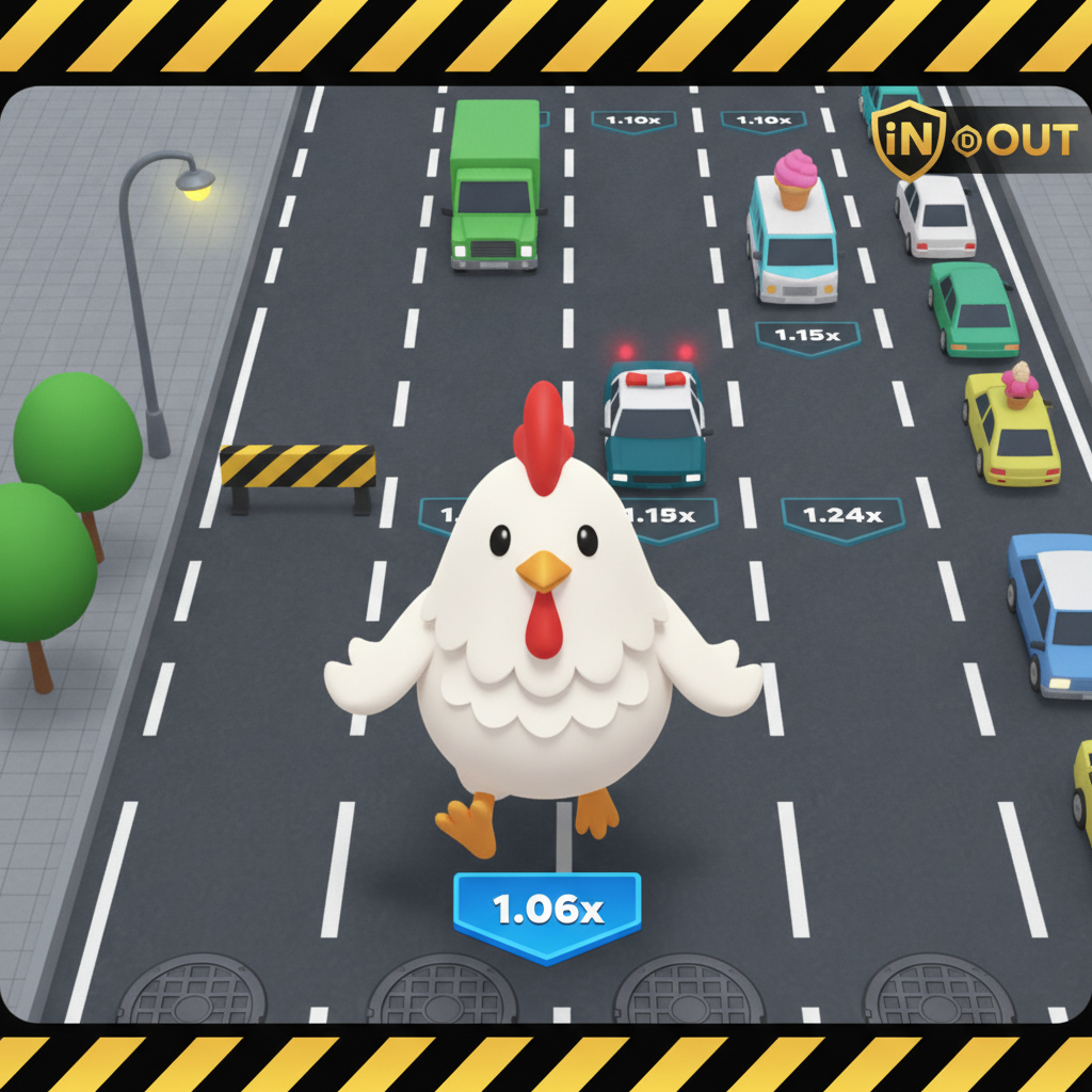 Chicken Road gioco crash con pollo cartoon che attraversa corsie stradali evitando auto colorate viste dall'alto, moltiplicatori crescenti su tombini metallici