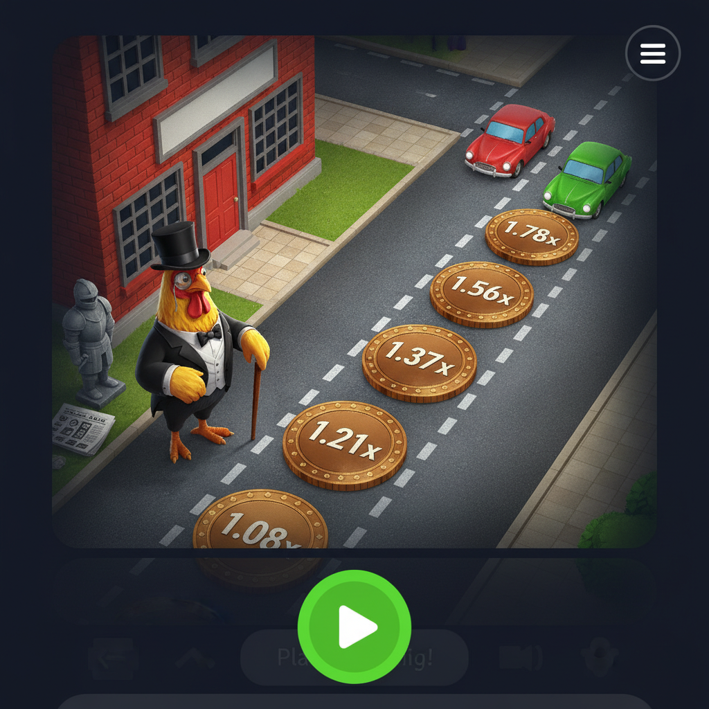 Chicken Road Gold gioco moltiplicatore con pollo elegante che attraversa strada con monete dorate, automobili rosse e verdi, ambientazione casinò