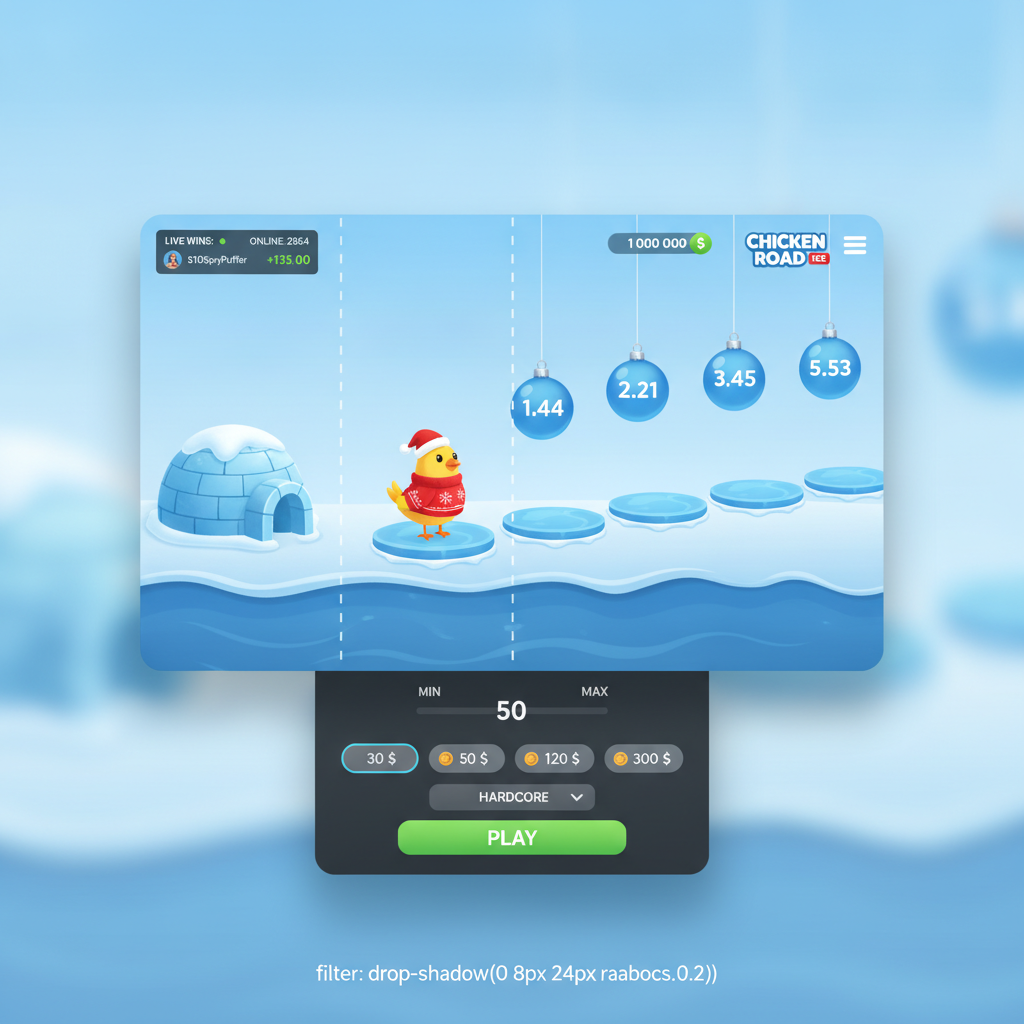 Chicken Road Ice slot invernale con pollo natalizio su piattaforme di ghiaccio galleggianti, moltiplicatori ornamento e tema artico