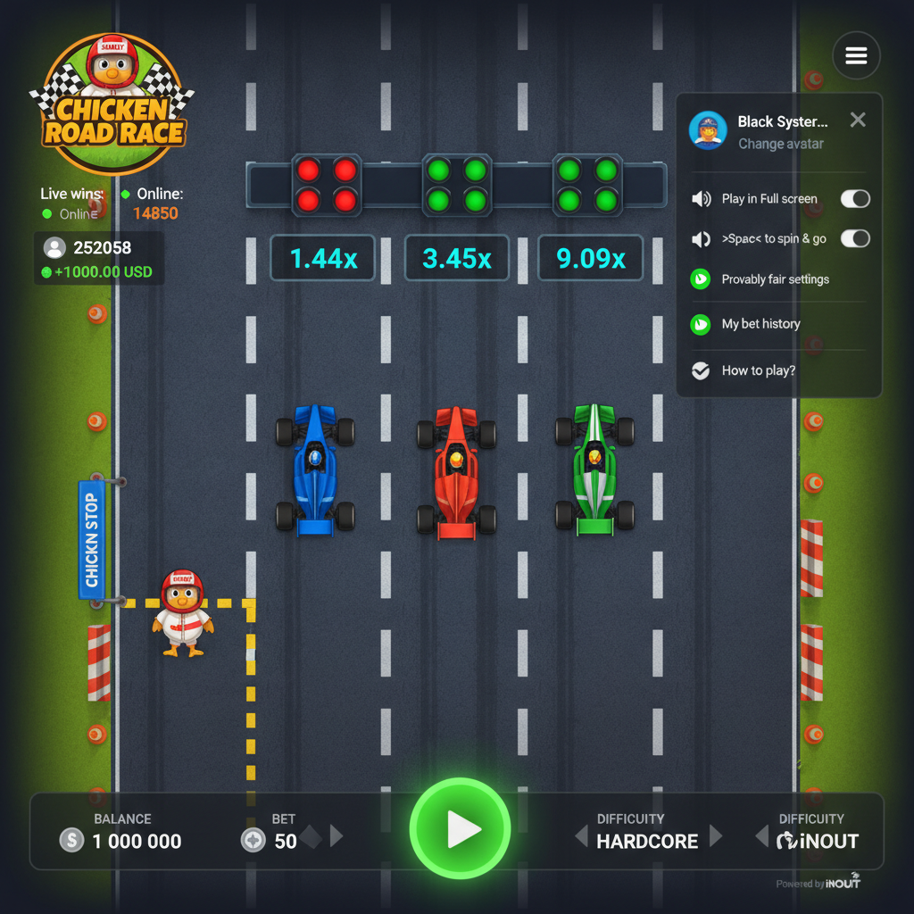 Chicken Road Race slot game con pollo mascotte in casco rosso da corsa che naviga tra le corsie stradali con moltiplicatori progressivi e auto da corsa colorate