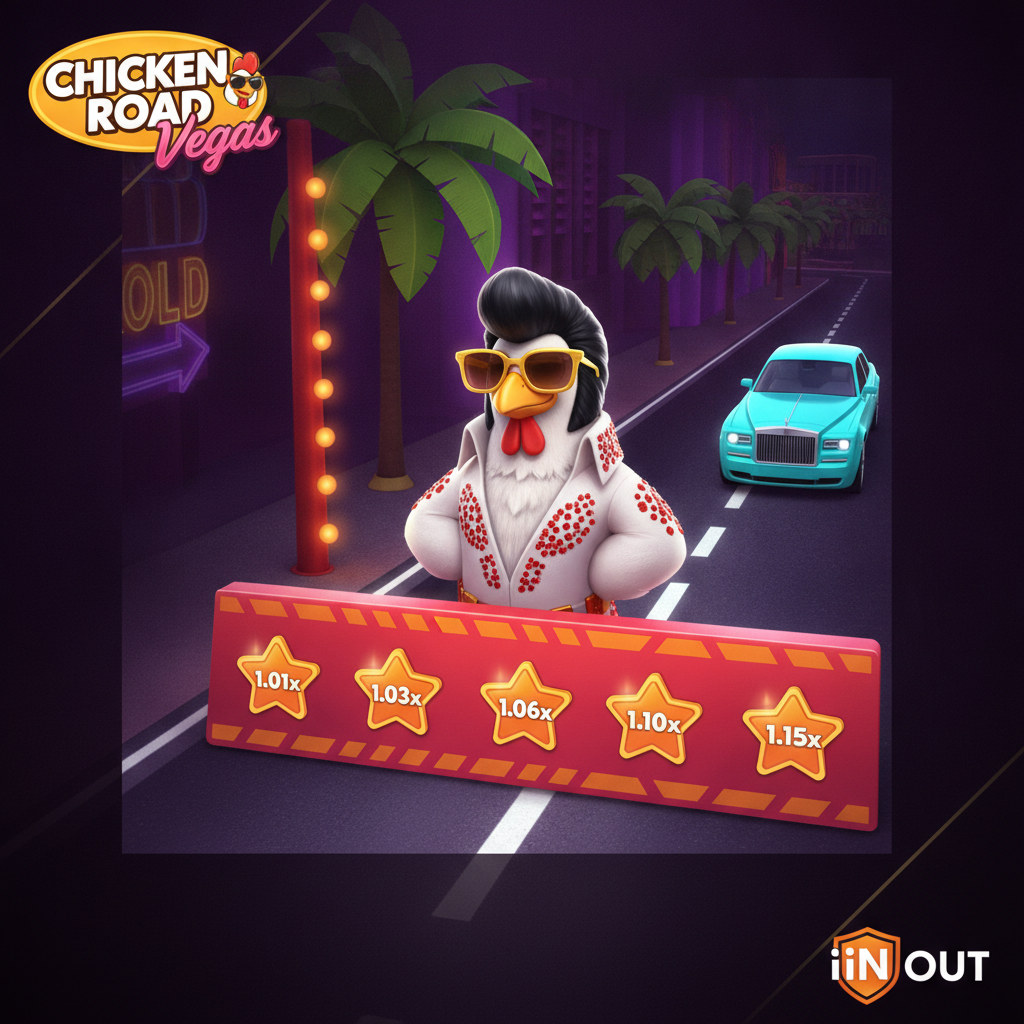 Chicken Road Vegas slot game con pollo Elvis in costume bianco attraversa strada di Las Vegas con auto di lusso turchesi e moltiplicatori a stella arancioni