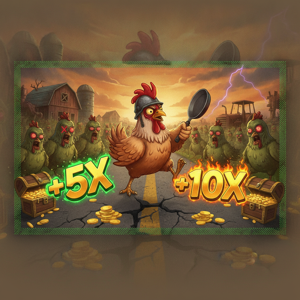 Chicken Road Zombies slot con pollo coraggioso che attraversa strada piena di zombie, simboli moltiplicatori e monete d'oro
