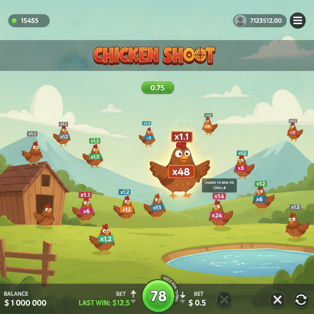 Chicken Shoot instant win game con galline cartoon che portano moltiplicatori x48 su sfondo di fattoria colorata con cielo azzurro e prato verde